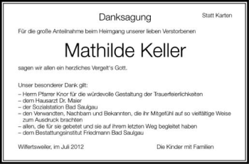 Anzeige von Mathilde Keller von Schwäbische Zeitung