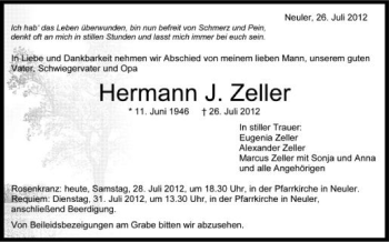 Anzeige von Hermann Zeller von Schwäbische Zeitung