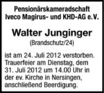 Anzeige von Walter Junginger von Schwäbische Zeitung