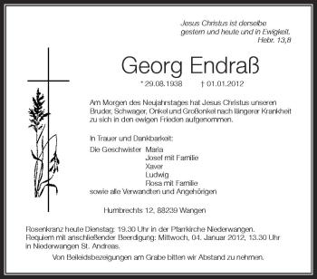 Anzeige von Georg Endraß von Schwäbische Zeitung