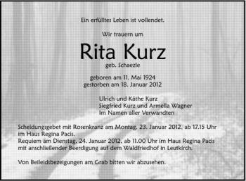 Anzeige von Rita Kurz von Schwäbische Zeitung