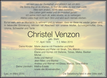 Anzeige von Christel Venzon von Schwäbische Zeitung