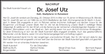 Anzeige von Josef Utz von Schwäbische Zeitung