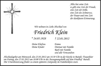 Anzeige von Friedrich Klein von Schwäbische Zeitung