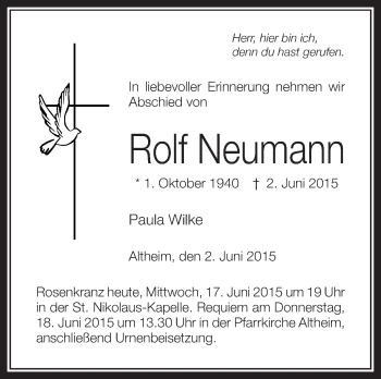 Anzeige von Rolf Neumann von Schwäbische Zeitung