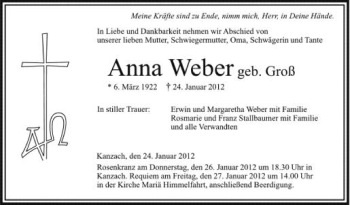 Anzeige von Anna Weber von Schwäbische Zeitung