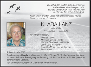 Anzeige von Klara Lanz von Schwäbische Zeitung