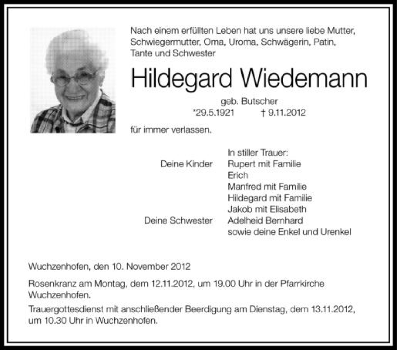 Traueranzeige Von Hildegard Wiedemann Schwaebische De Trauerportal My