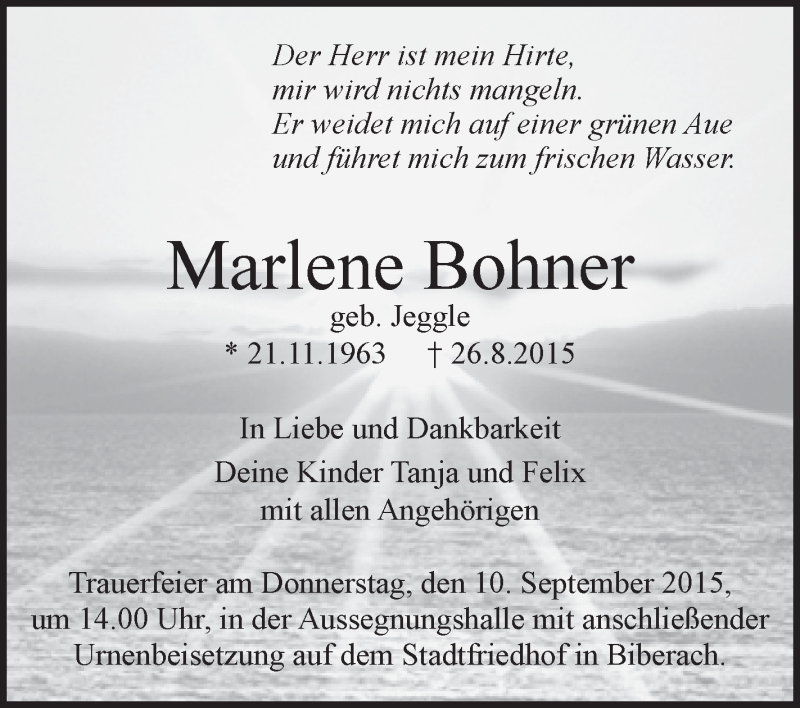  Traueranzeige für Marlene Bohner vom 04.09.2015 aus Schwäbische Zeitung