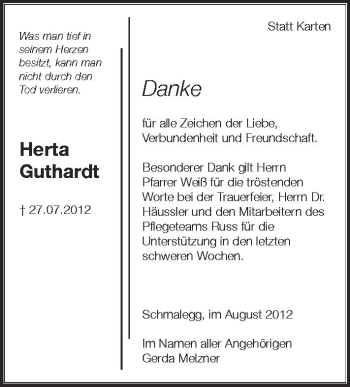 Anzeige von Herta Guthardt von Schwäbische Zeitung