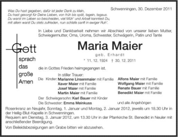 Anzeige von Maria Maier von Schwäbische Zeitung