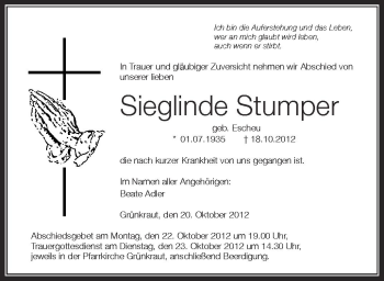 Anzeige von Sieglinde Stumper von Schwäbische Zeitung