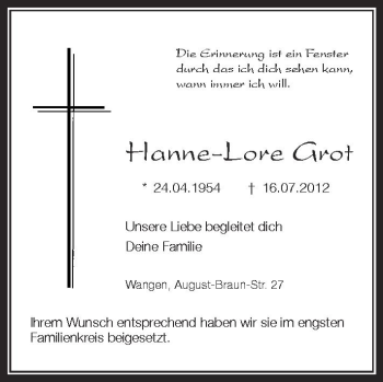 Anzeige von Hanne-Lore Grot von Schwäbische Zeitung