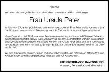 Anzeige von Ursula Peter von Schwäbische Zeitung