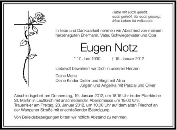 Anzeige von Eugen Notz von Schwäbische Zeitung