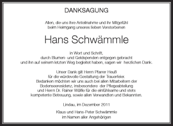 Anzeige von Hans Schwämmle von Schwäbische Zeitung