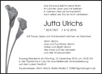 Anzeige von Jutta Ulrichs von Schwäbische Zeitung