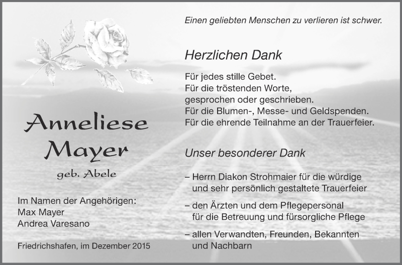  Traueranzeige für Anneliese Mayer vom 11.12.2015 aus Schwäbische Zeitung