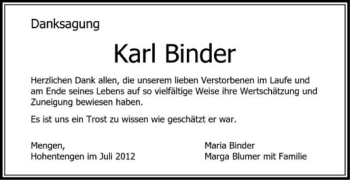 Anzeige von Karl Binder von Schwäbische Zeitung