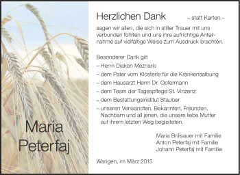 Anzeige von Maria Peterfaj von Schwäbische Zeitung