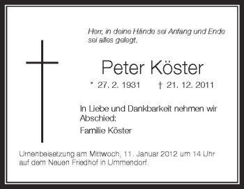 Anzeige von Peter Köster von Schwäbische Zeitung