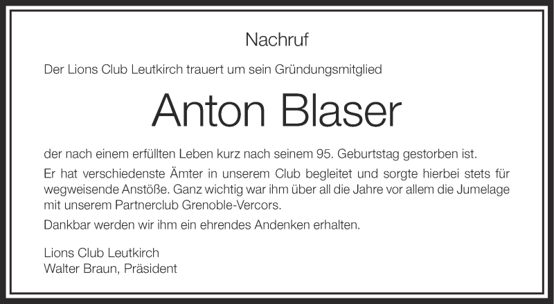  Traueranzeige für Anton Blaser vom 18.04.2015 aus Schwäbische Zeitung