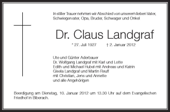 Anzeige von Claus Landgraf von Schwäbische Zeitung