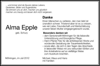 Anzeige von Alma Epple von Schwäbische Zeitung