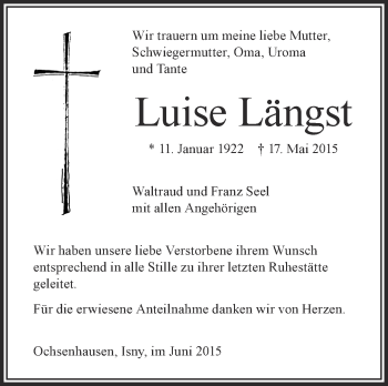 Anzeige von Luise Längst von Schwäbische Zeitung