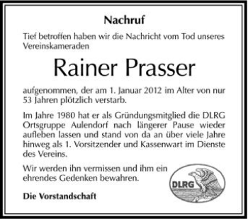 Anzeige von Rainer Prasser von Schwäbische Zeitung