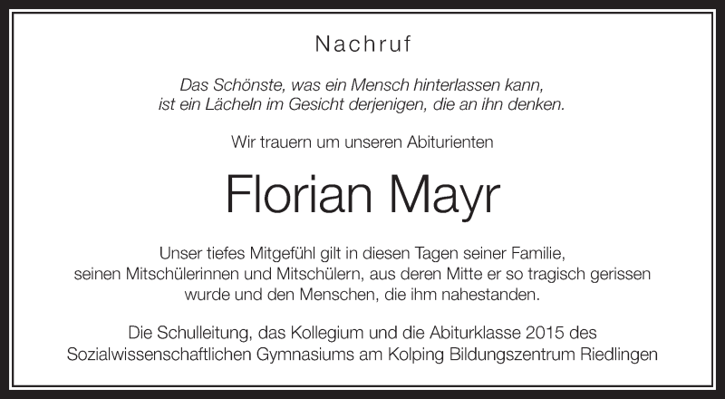  Traueranzeige für Florian Mayr vom 24.07.2015 aus Schwäbische Zeitung