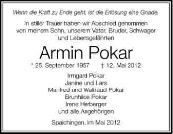 Anzeige von Armin Pokar von Schwäbische Zeitung