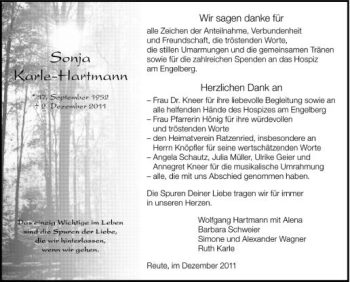 Anzeige von Sonja Karle-Hartmann von Schwäbische Zeitung