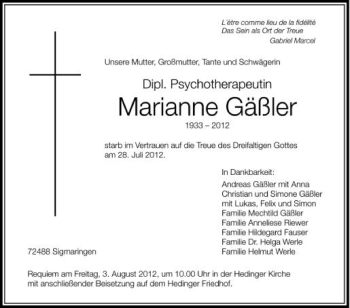 Anzeige von Marianne Gäßler von Schwäbische Zeitung