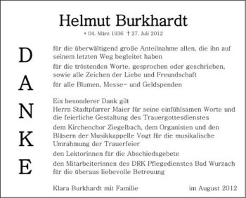 Anzeige von Helmut Burkhardt von Schwäbische Zeitung