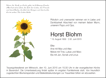Anzeige von Horst Blohm von Schwäbische Zeitung