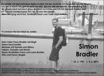 Anzeige von Simon Bradler von Schwäbische Zeitung