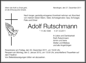 Anzeige von Adolf Rutschmann von Schwäbische Zeitung