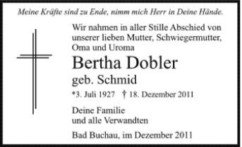 Anzeige von Bertha Dobler von Schwäbische Zeitung