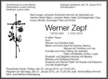 Anzeige von Werner Zepf von Schwäbische Zeitung