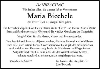 Anzeige von Maria Biechele von Schwäbische Zeitung