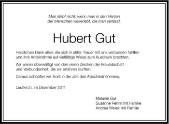 Anzeige von Hubert Gut von Schwäbische Zeitung