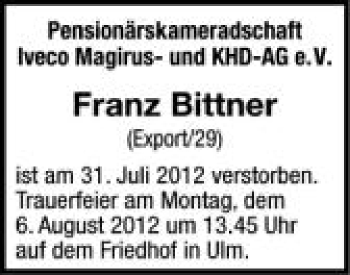 Anzeige von Franz Bittner von Schwäbische Zeitung