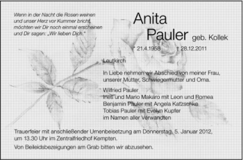 Anzeige von Anita Pauler von Schwäbische Zeitung