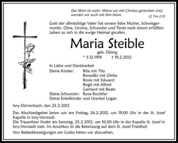 Anzeige von Maria Steible von Schwäbische Zeitung