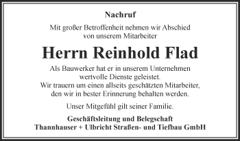 Anzeige von Reinhold Flad von Schwäbische Zeitung