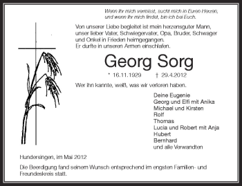 Anzeige von Georg Sorg von Schwäbische Zeitung