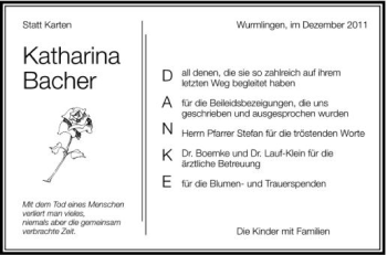 Anzeige von Katharina Bacher von Schwäbische Zeitung