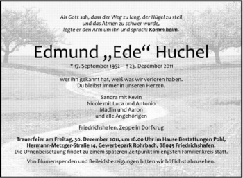 Anzeige von Edmund Huchel von Schwäbische Zeitung