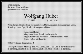 Anzeige von Wolfgang Huber von Schwäbische Zeitung